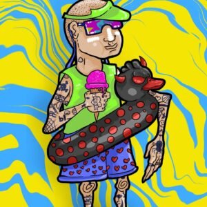 Ilustración de un personaje tatuado con gafas futuristas, comiendo helado y usando un flotador negro con cuernos rojos, sobre un fondo psicodélico de colores vibrantes.