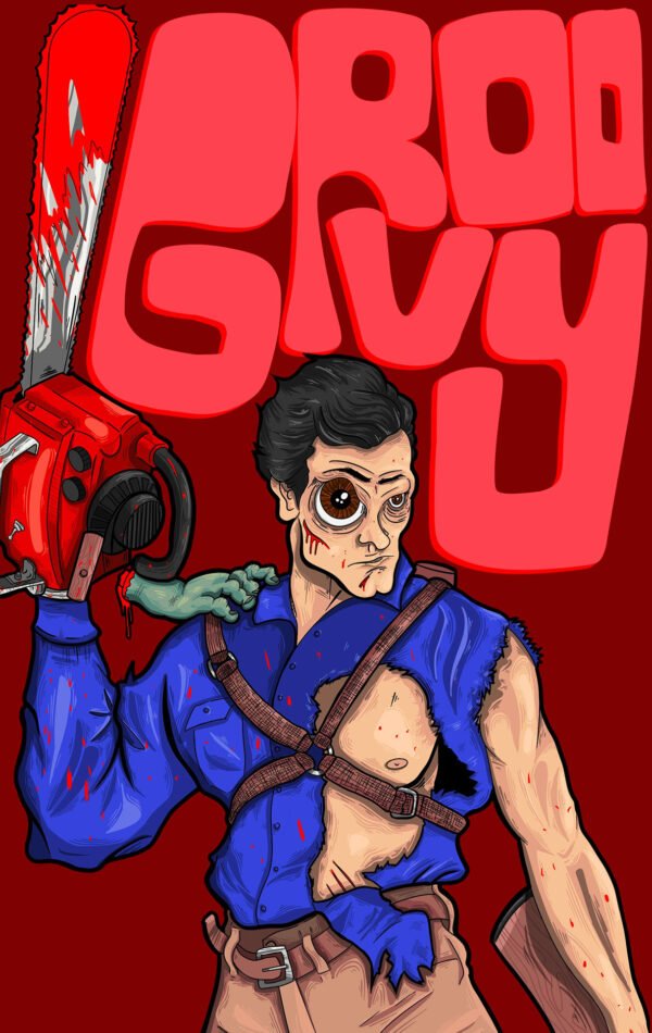 Ilustración de Ash de “Evil Dead”, sosteniendo una motosierra ensangrentada con un fondo rojo y las palabras “Groovy” en grande, en un estilo psicodélico.