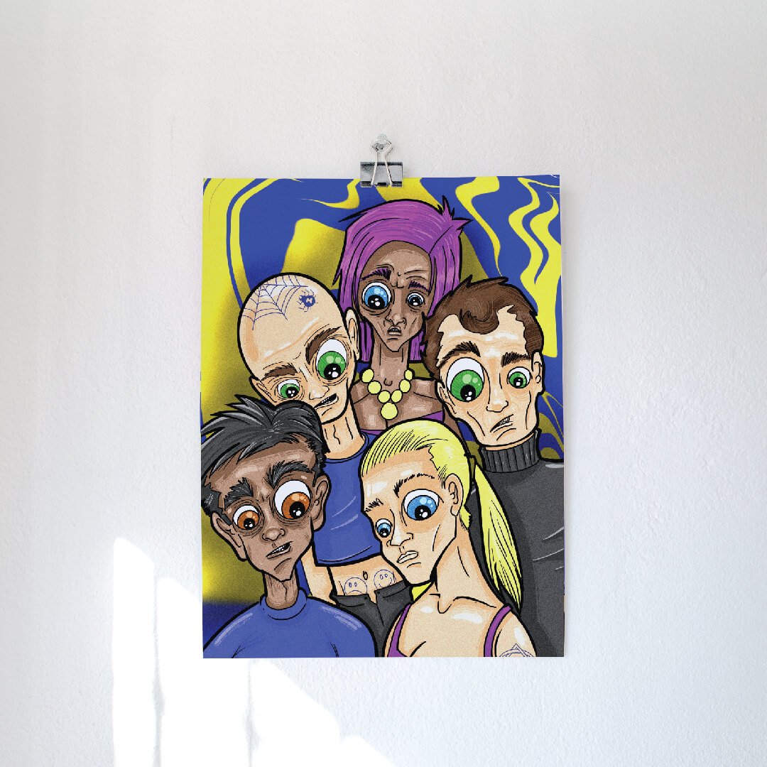 Ilustración surrealista de un grupo de personajes con expresiones intensas y ojos grandes, sobre un fondo psicodélico azul y amarillo.