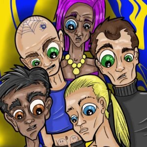 Ilustración surrealista de un grupo de personajes con expresiones intensas y ojos grandes, sobre un fondo psicodélico azul y amarillo.