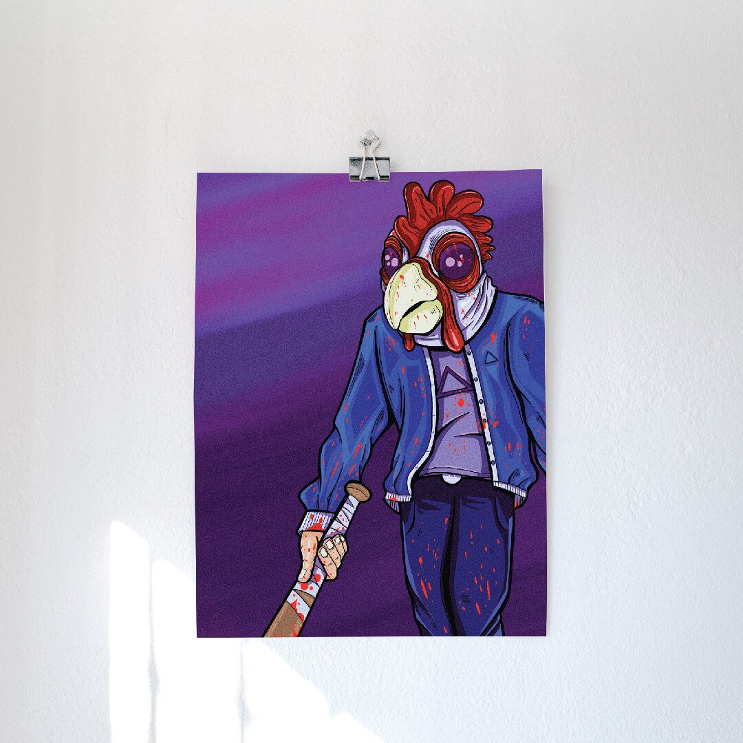 Ilustración de un personaje con cabeza de gallo, vestido con una chaqueta manchada de sangre y sosteniendo un bate ensangrentado, sobre un fondo oscuro.