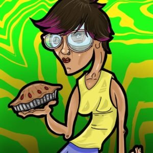 Ilustración de un personaje con lentes grandes sosteniendo una tarta, en un fondo verde y amarillo psicodélico.