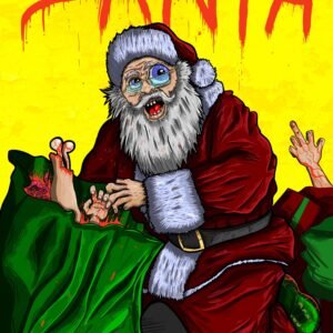 Ilustración satírica de Santa Claus con una bolsa llena de restos humanos, en un estilo oscuro y humorístico sobre un fondo amarillo.